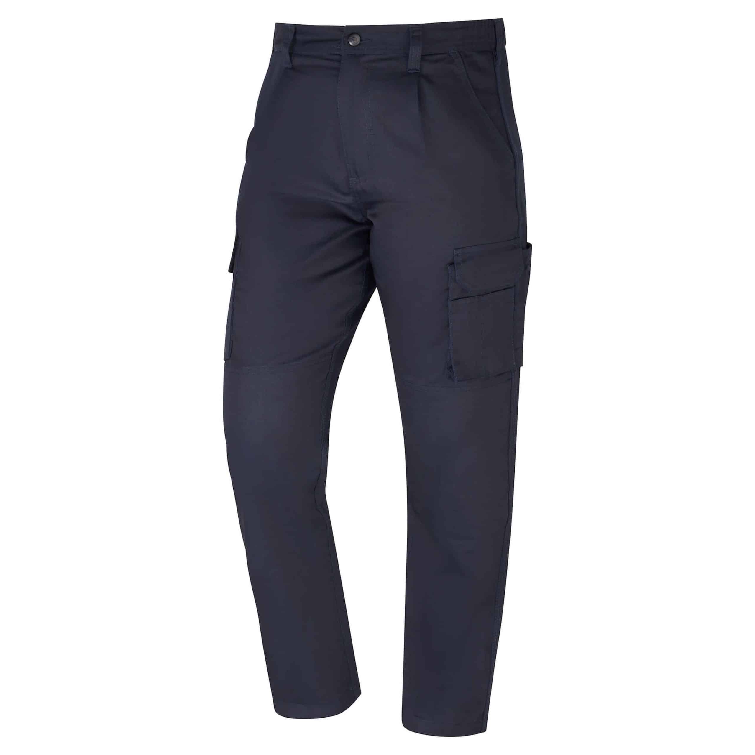 Heavy-duty work trousers with reinforced seams for durability.