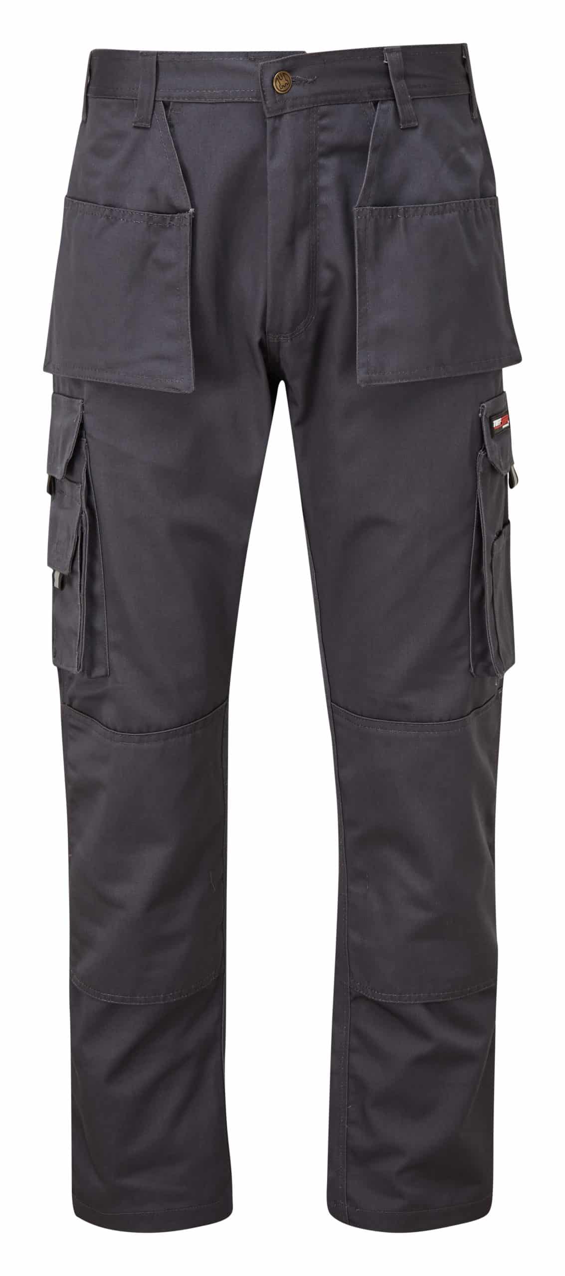 Heavy-duty work trousers with reinforced seams for durability.