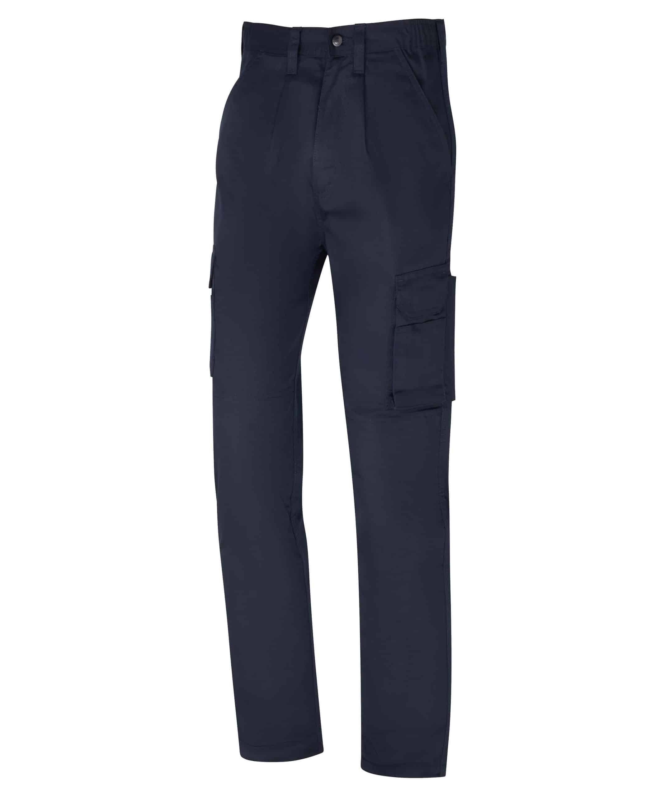 Heavy-duty work trousers with reinforced seams for durability.