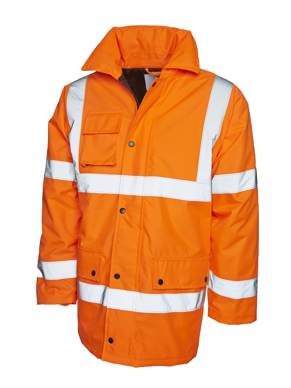 Hi-vis jacket with reflective strips for safety compliance.