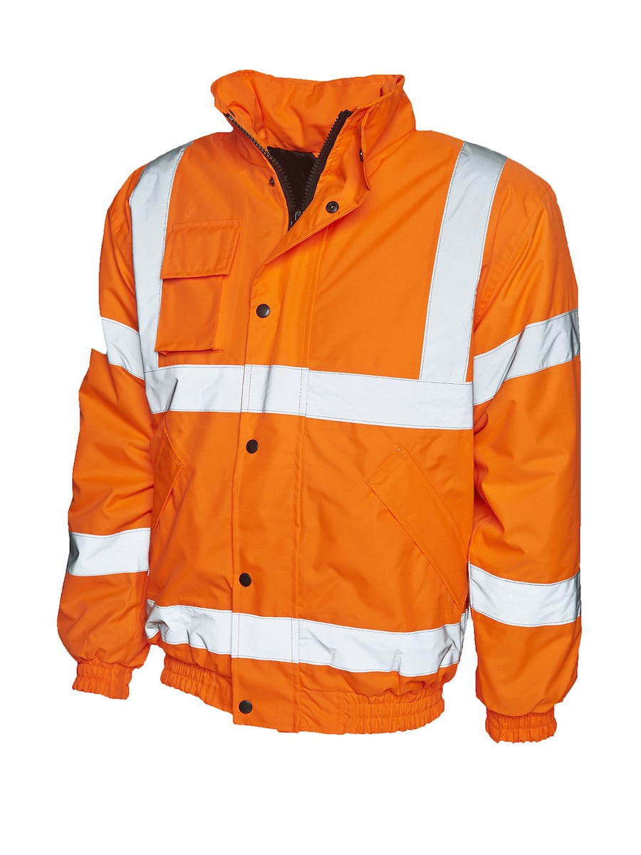 Hi-vis jacket with reflective strips for safety compliance.