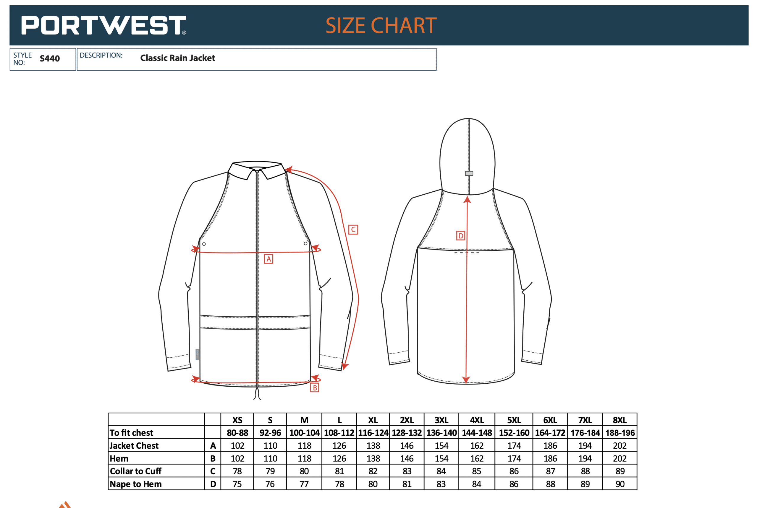 S440 Jacket size chart.